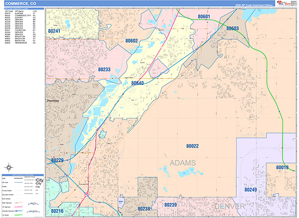 Commerce City City Wall Map Color Cast Style